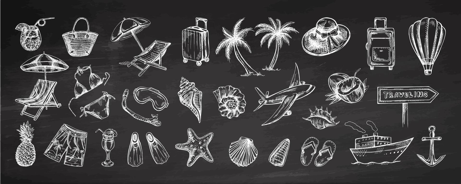 un conjunto de dibujado a mano viaje bocetos insignias para turismo y cámping en el antecedentes de el pizarra. un clipart con elementos de viajar, bolsas, transporte, conchas, bikinis. vector