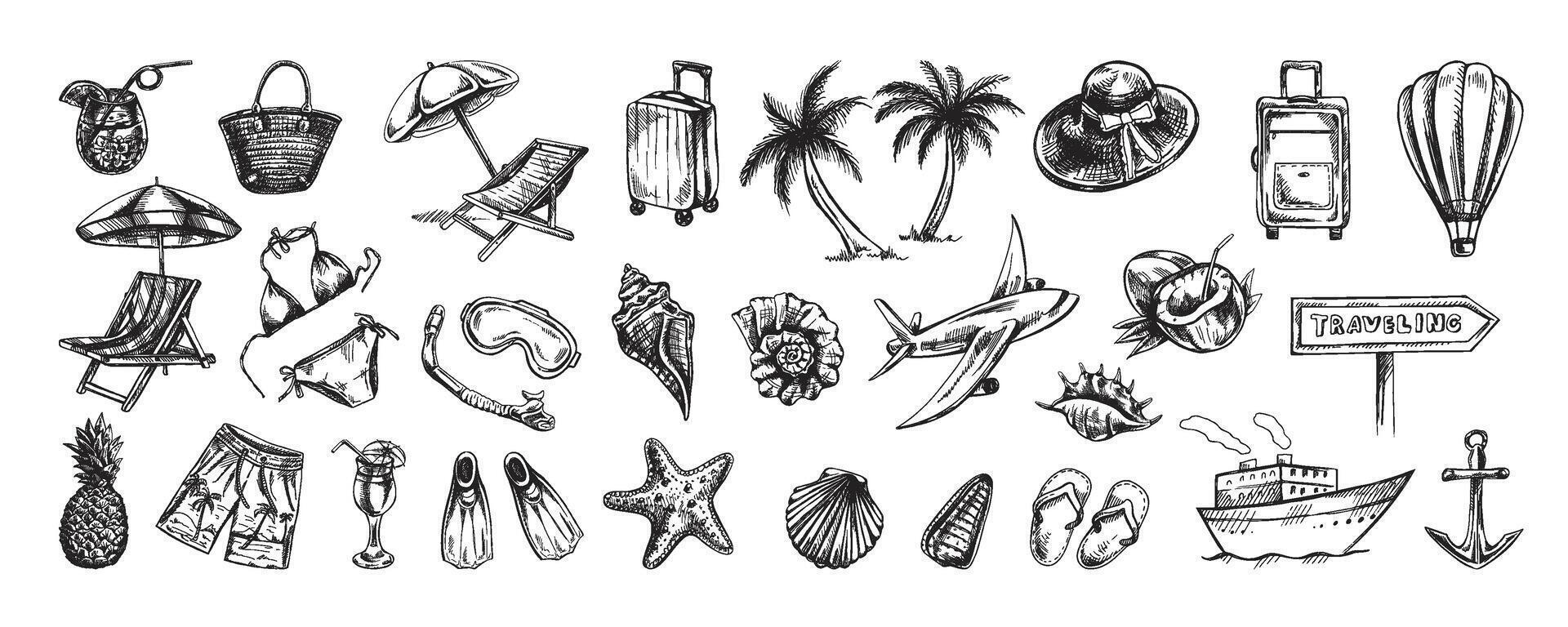 A set of hand-drawn sketches with images of travel. Badges for tourism and camping. A clipart with elements of travel, bags, transport, map, palm tree, shells, bikinis. vector