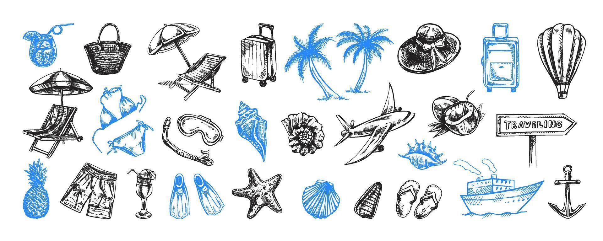 A set of hand-drawn sketches with images of travel. Badges for tourism and camping. A clipart with elements of travel, bags, transport, map, palm tree, shells, bikinis. vector