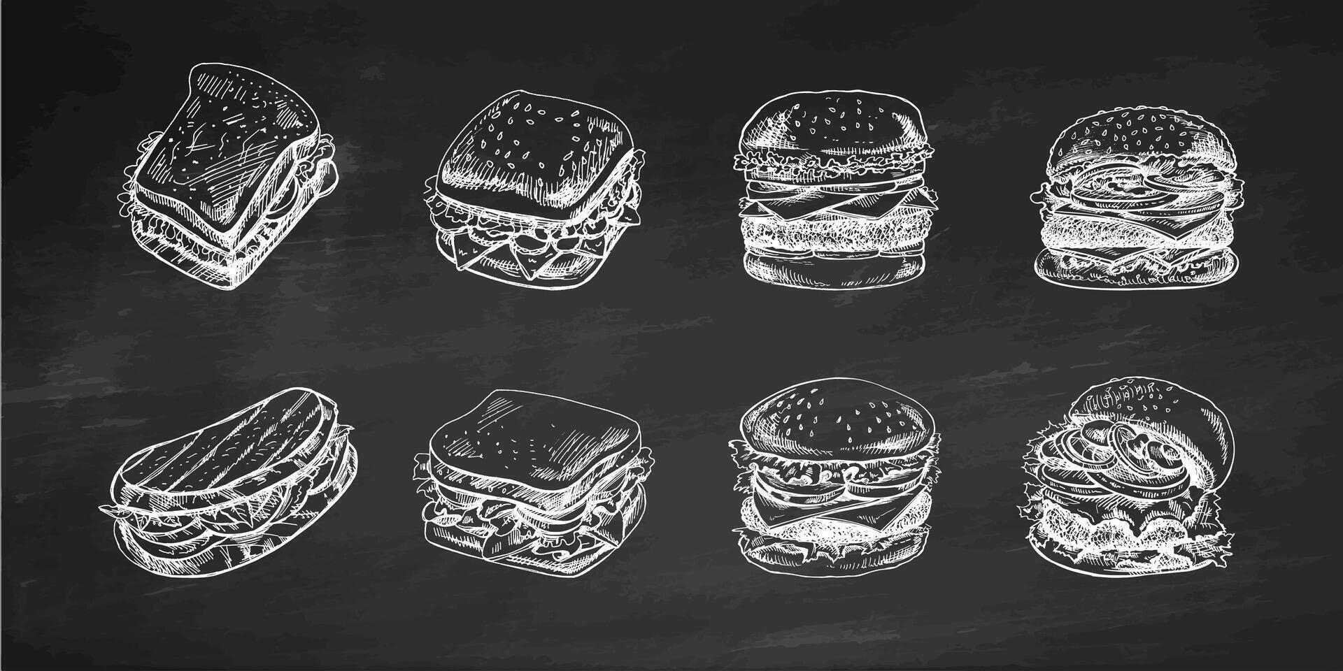 hamburguesas y emparedados conjunto en pizarra antecedentes. dibujado a mano monocromo bocetos de diferente hamburguesas y emparedados con tocino, queso, ensalada, Tomates, pepinos etc. vector