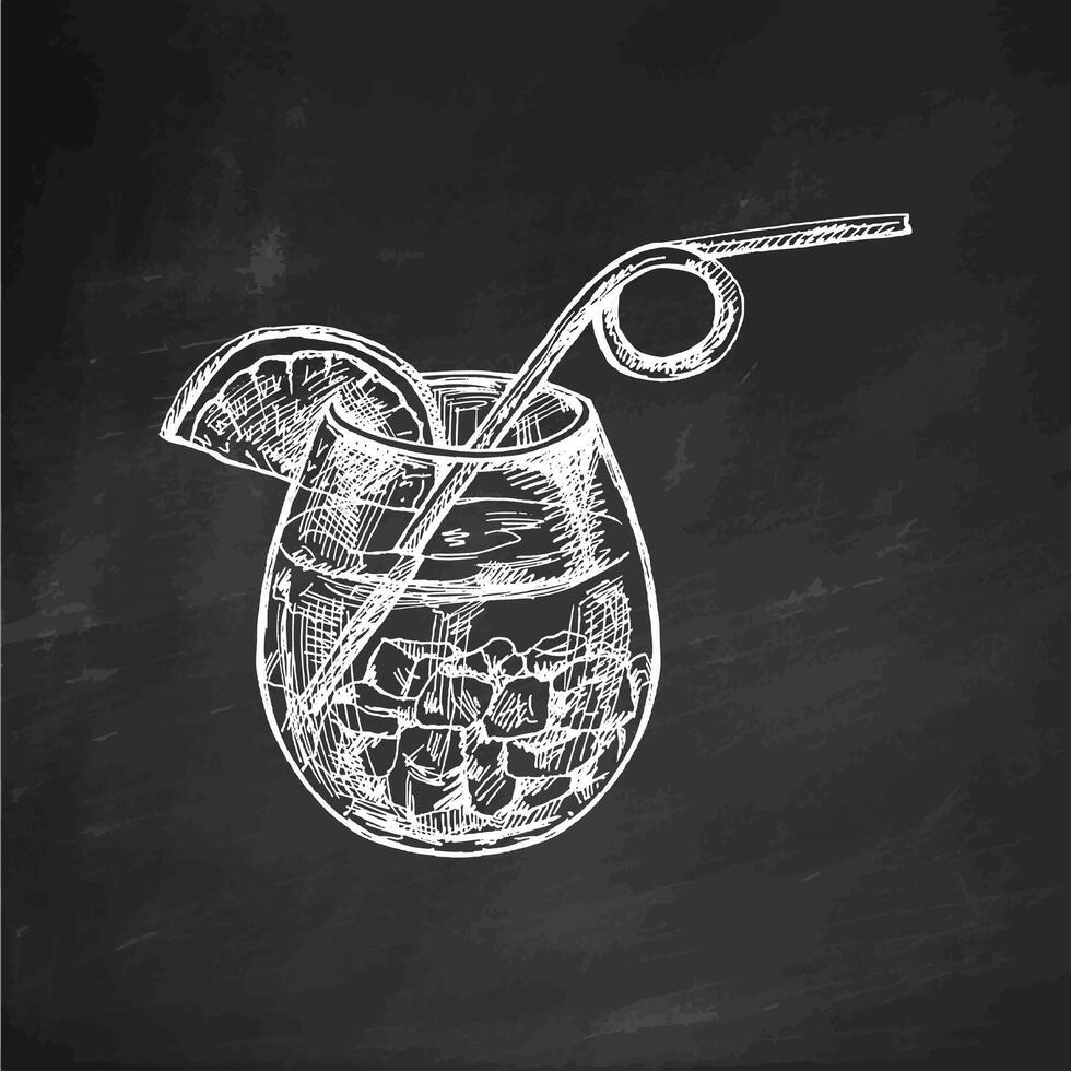 Hand-drawn sketch of cocktail with straw, cocktail with ice and a piece of citrus. Vintage illustration of cocktail in glass isolated on chalkboard background. vector