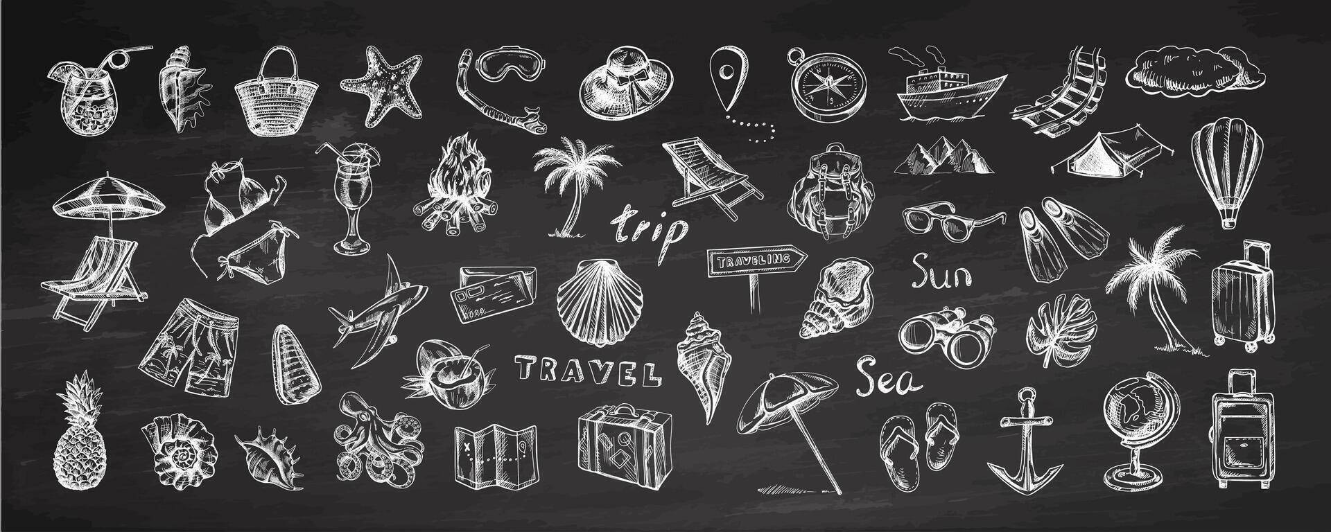 A set of hand-drawn travel sketches. Badges for tourism and camping on the background of the blackboard. A clipart with elements of travel, bags, transport, shells, bikinis. vector