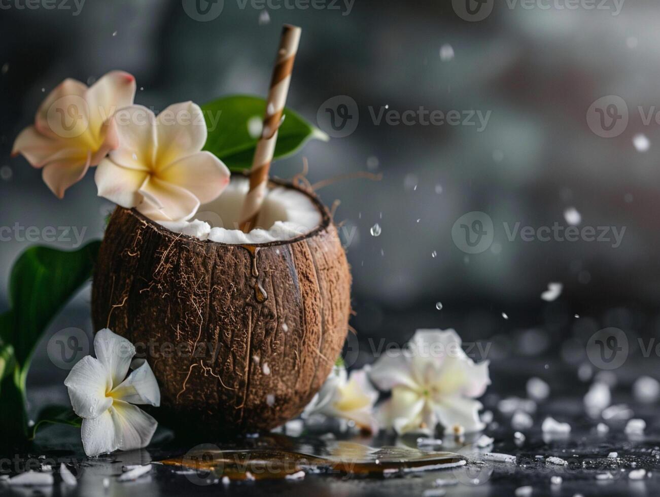 Coconut with straw and flowers. Splashes of juice around. Aesthetic photo