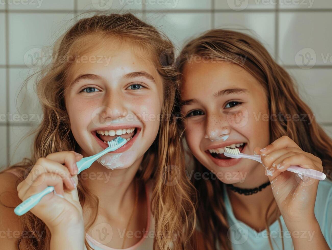 Two teenage sisters brush their teeth. Morning procedures in the bathroom. Health care photo