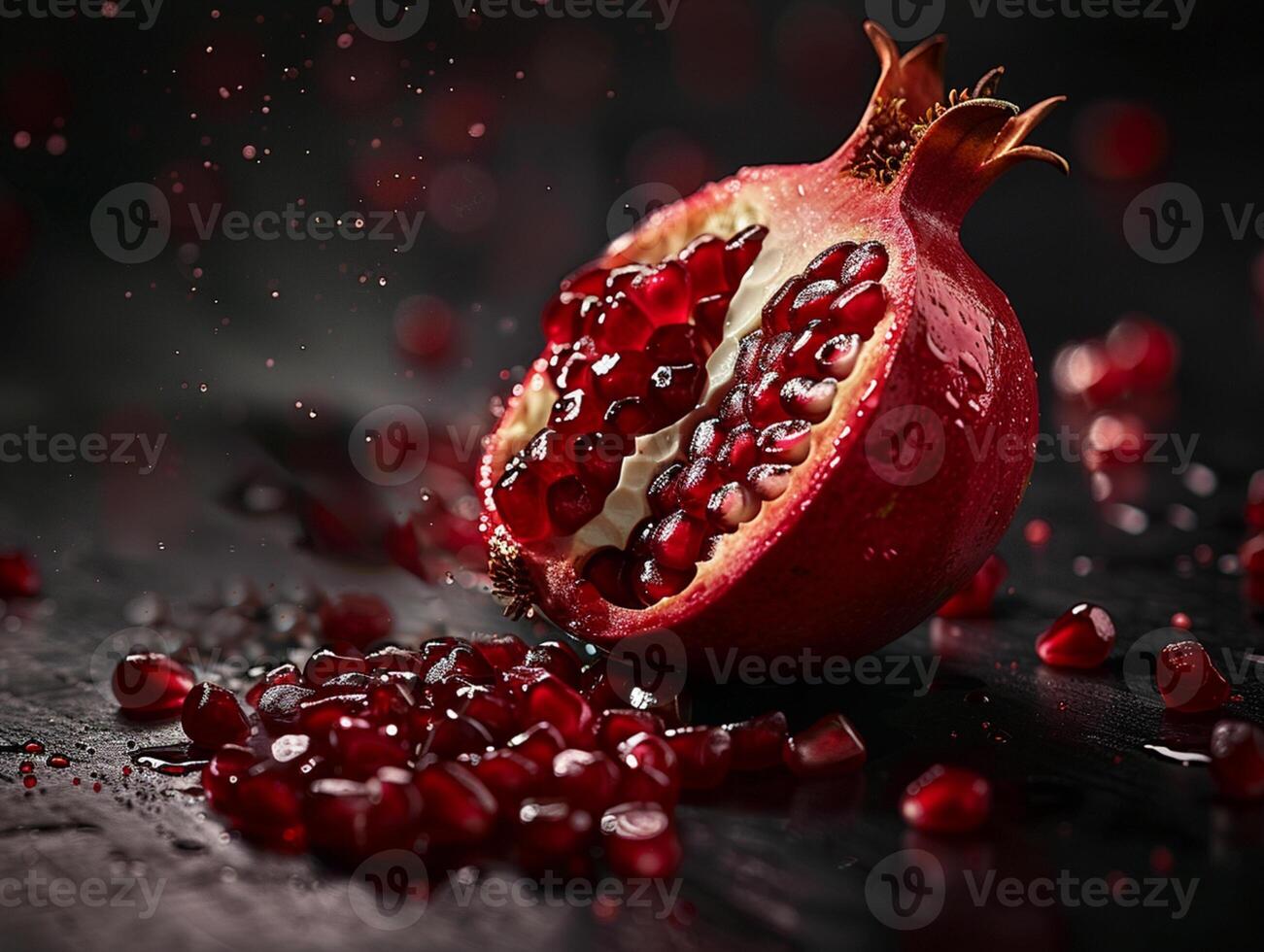 Cut half a juicy pomegranate, pomegranate seeds lie on the table. Dark aesthetic macro photo