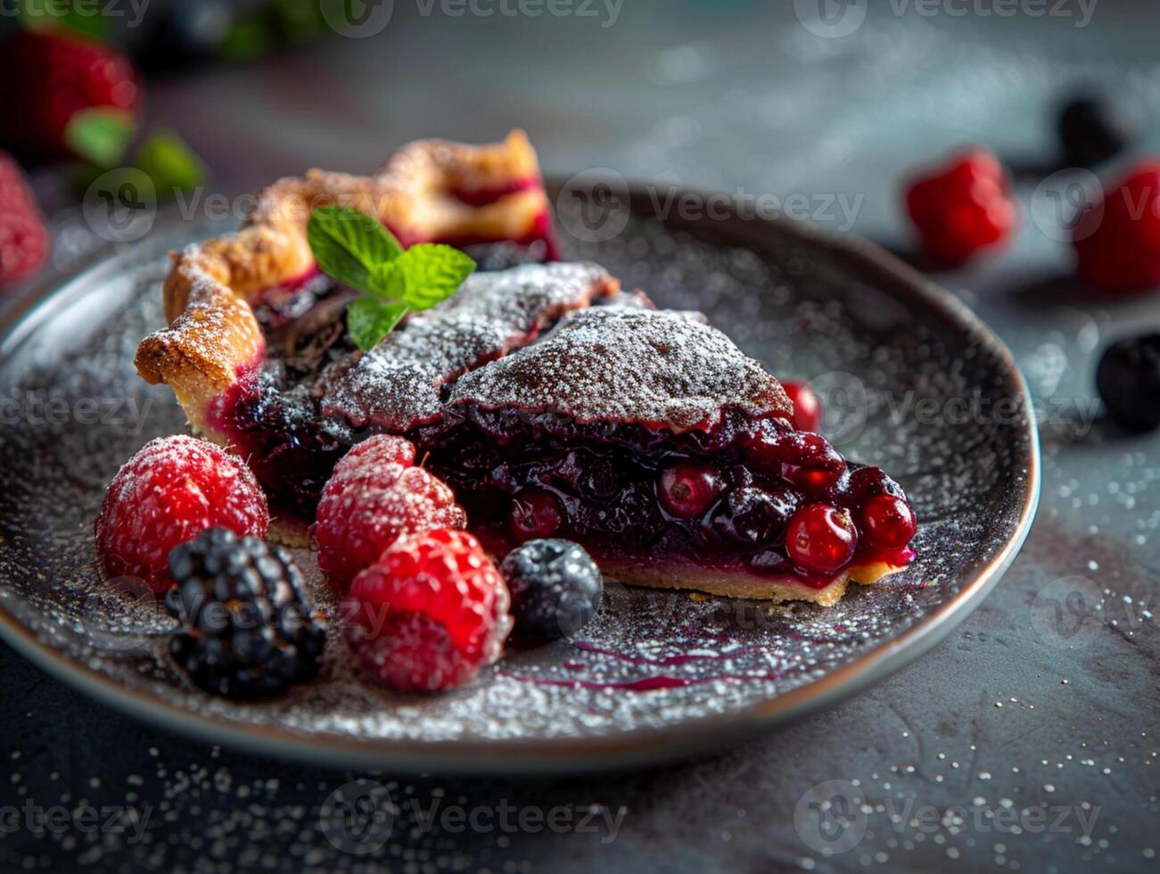 pedazo de baya tarta decorado con frambuesas, moras, y en polvo azúcar. hermosa servicio en un cerámico lámina, textura antecedentes. estético macro foto