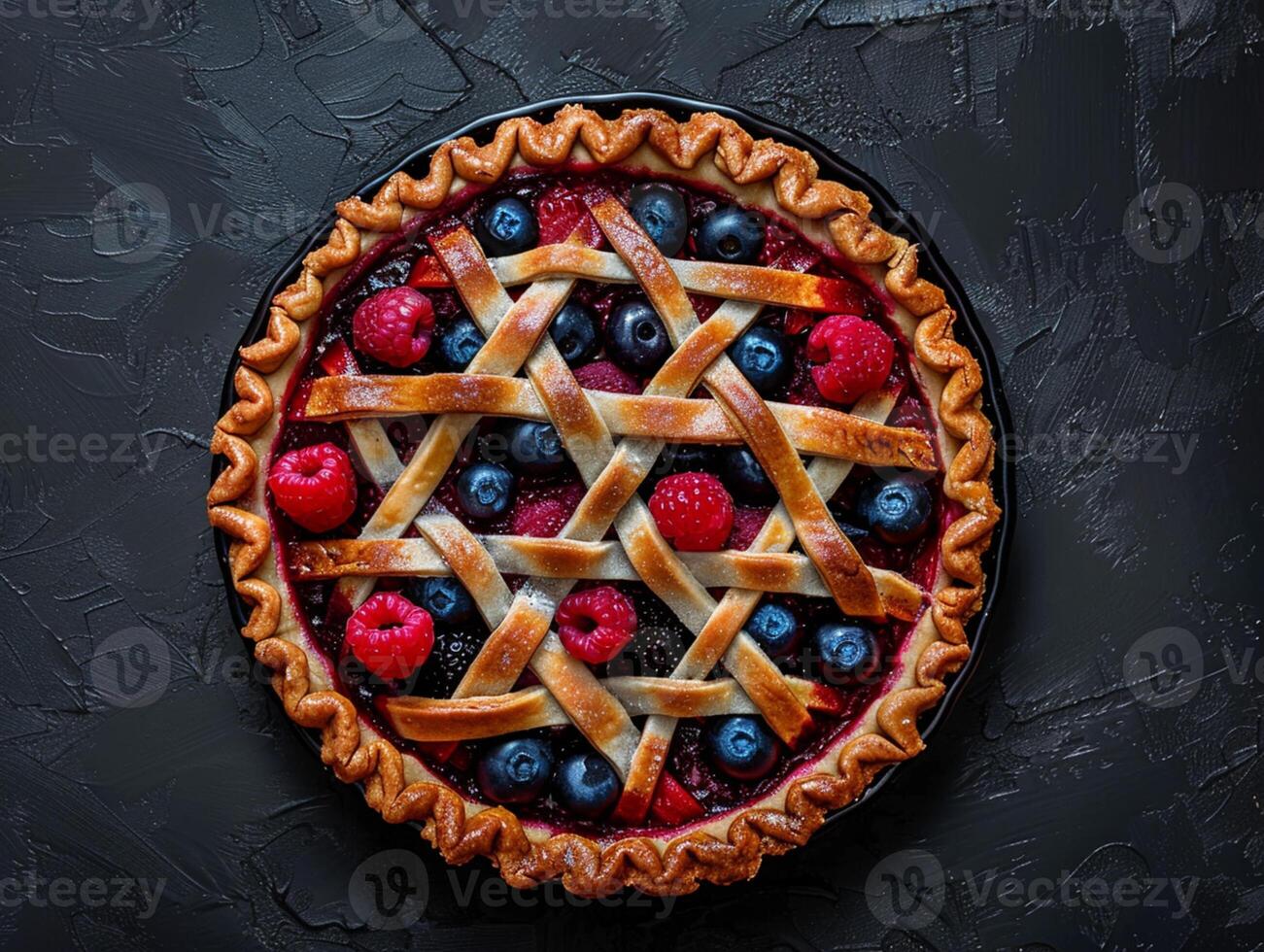 Berry pie filled with raspberries and blueberries, decorated with a mesh of dough. Texture background. Aesthetic photo