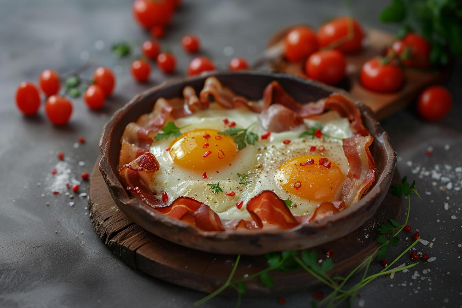 A beautiful, delicious breakfast with fried eggs, bacon and cherry tomatoes. Wooden plate and tray, texture background. Realistic photo. Close-up photo