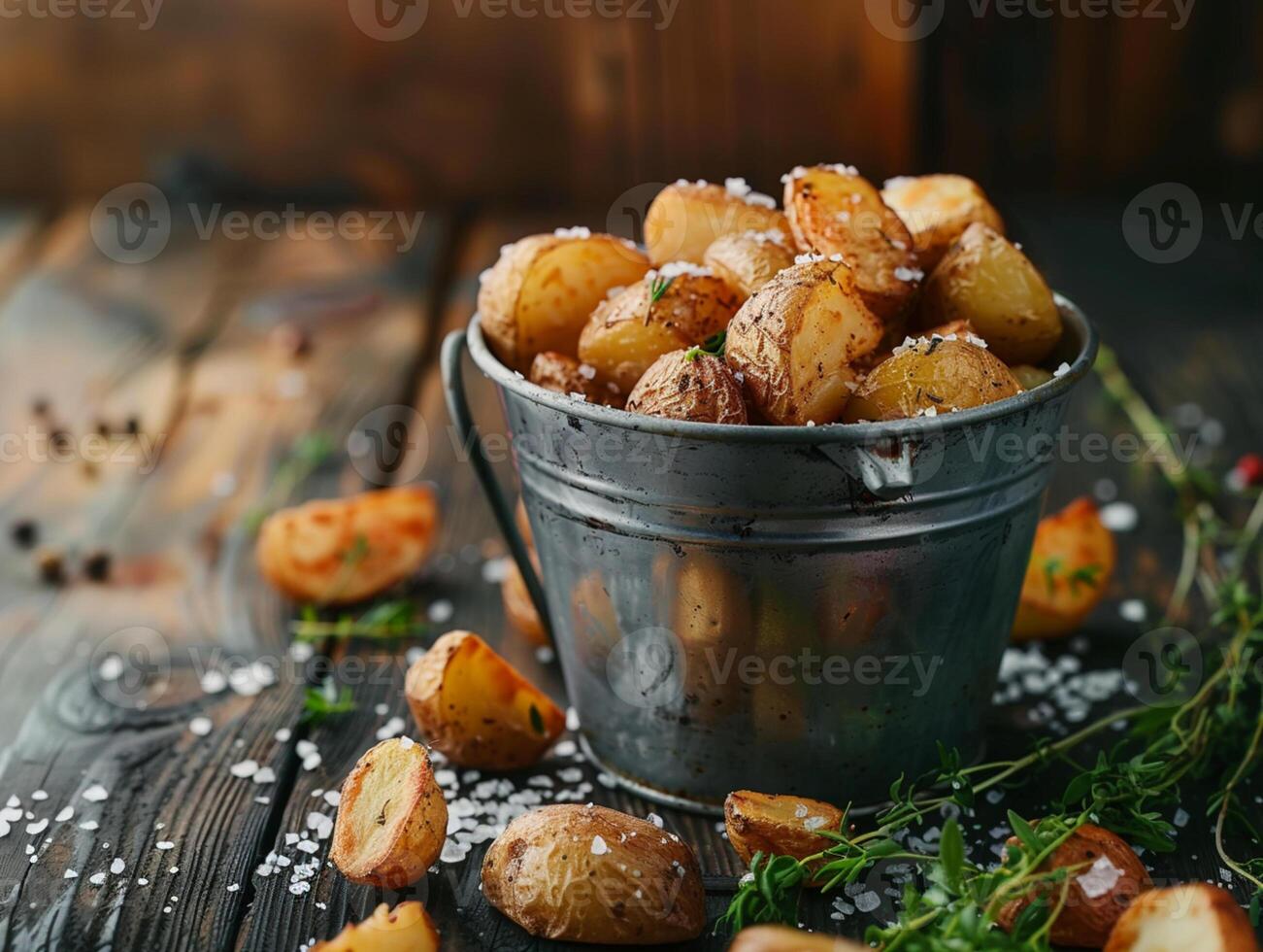 Crispy country potatoes with in a tin bucket, with salt and green. Wooden texture. Aesthetic photo