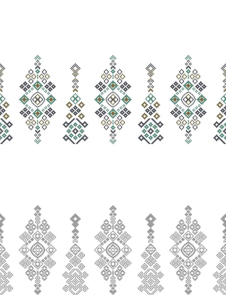 Traditional ethnic motifs ikat geometric fabric pattern cross stitch.Ikat embroidery Ethnic coloring paint pixel white background. Abstract,illustration. Texture,decoration,wallpaper. vector