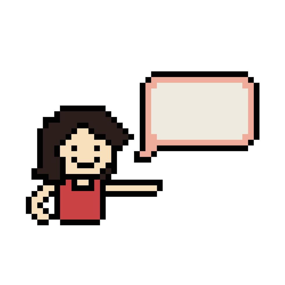 linda píxel dibujos animados 8 bits personaje mujer con charla blanco decoración 8 poco hembra niña decir hablar discutir idea charla caja dibujos animados píxel juego. vector