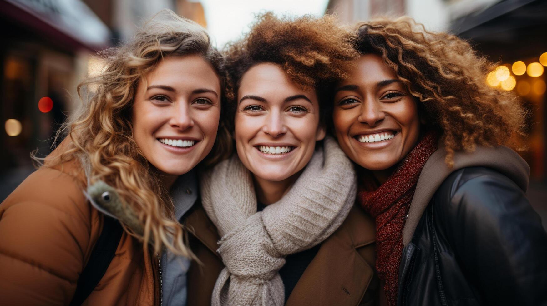 Friends outdoors, diverse looks, sunset backdrop, candid, wide lens for warmth photo