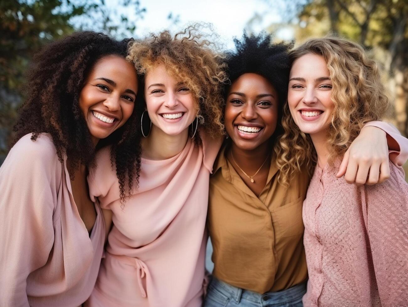 Women from different backgrounds, casual style, bright day, panoramic, natural smiles photo