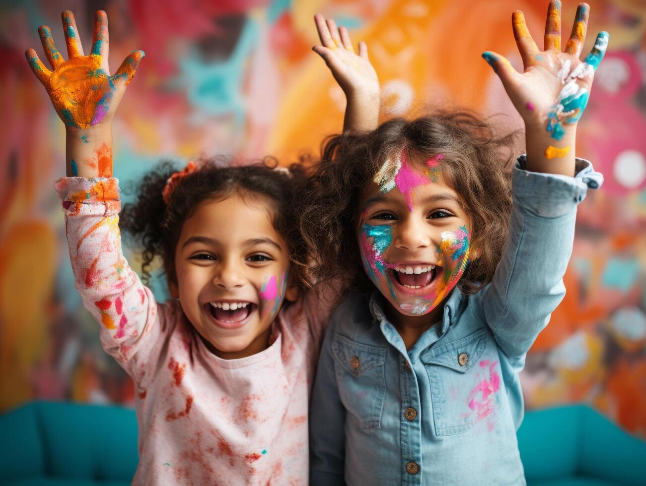 Joyful kids with paintcovered hands up, colorful room, eyelevel capture photo