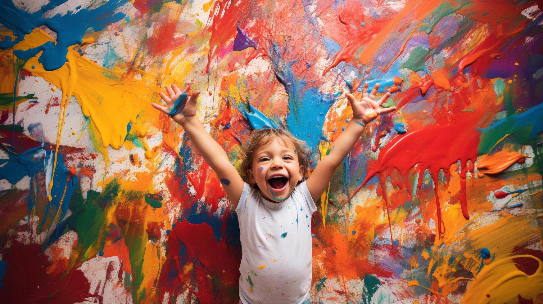 Tiny hands covered in paint, rainbow splashes, bright room, topdown view photo