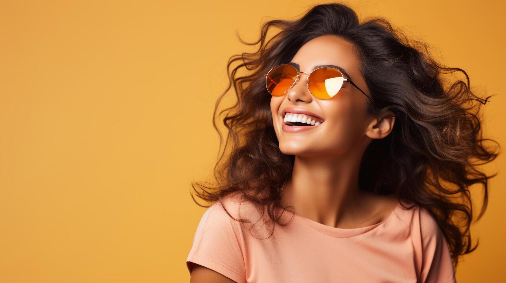 Radiant woman smiling, vibrant studio backdrop, central composition, right copy space photo