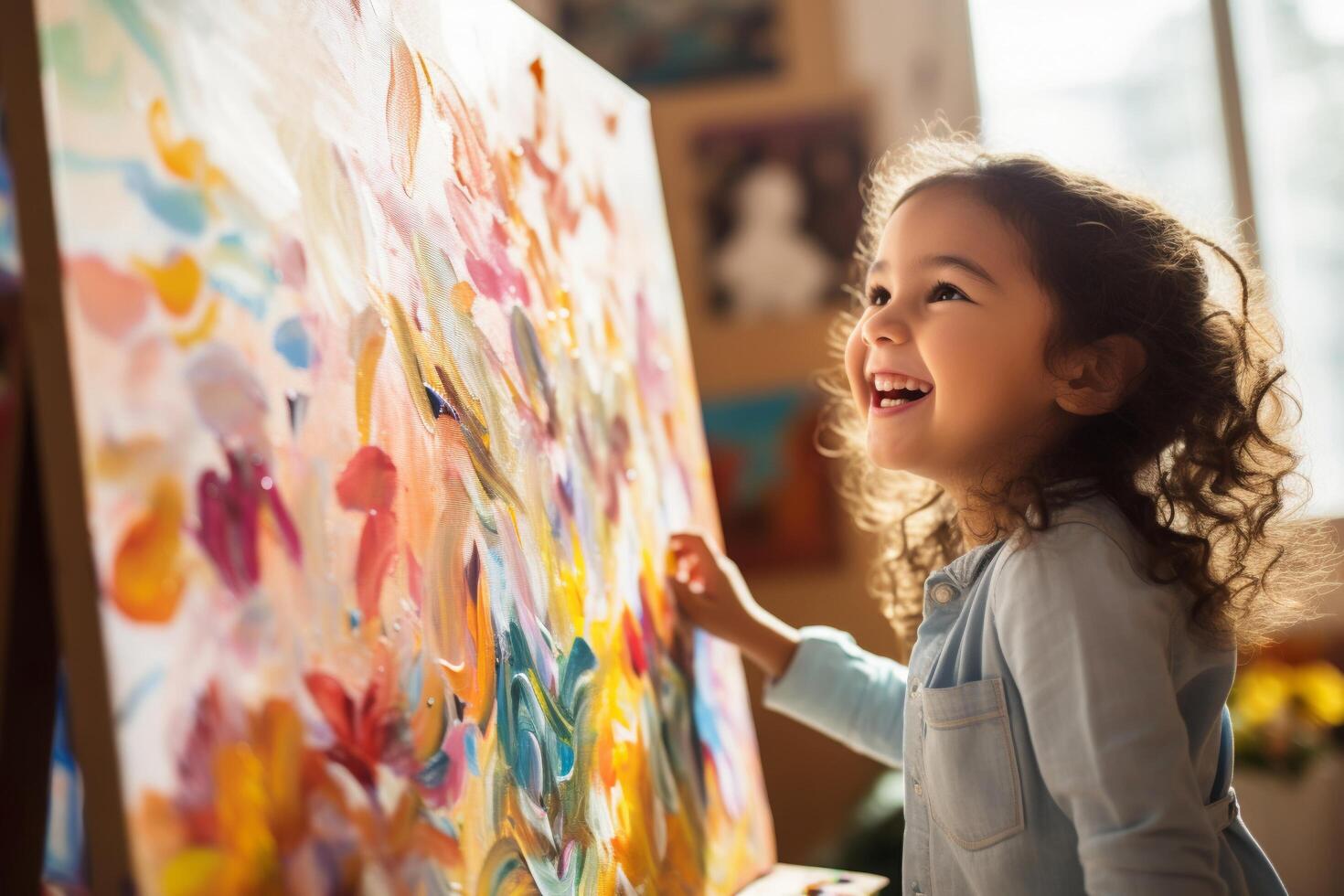 Child focusing on a canvas, room filled with art, soft natural light, closeup photo