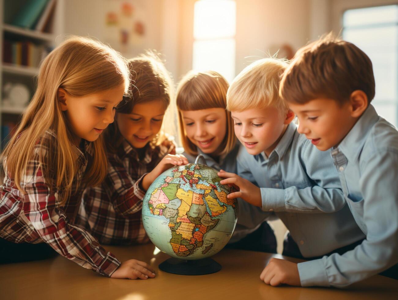 Group of kids looking at a globe, teacher explaining, soft daylight, closeup photo