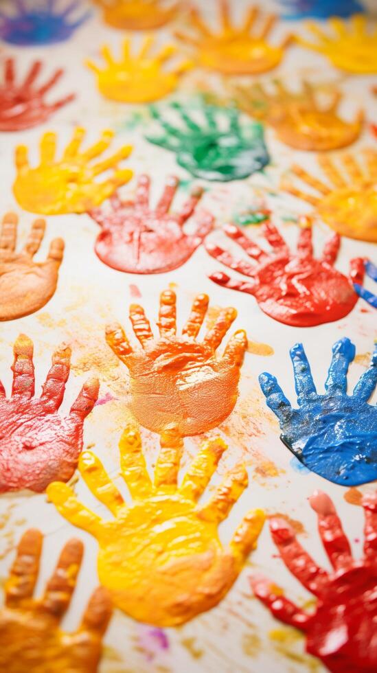 Small fingers creating handprints on paper, variety of colors, high angle, soft focus photo