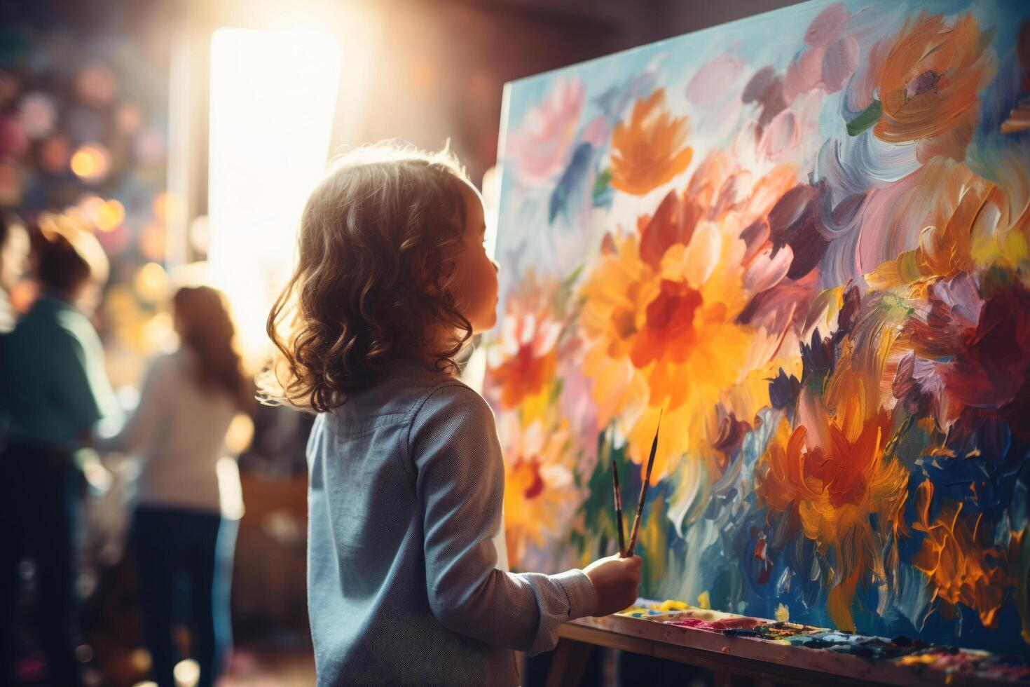 Child focusing on a canvas, room filled with art, soft natural light, closeup photo