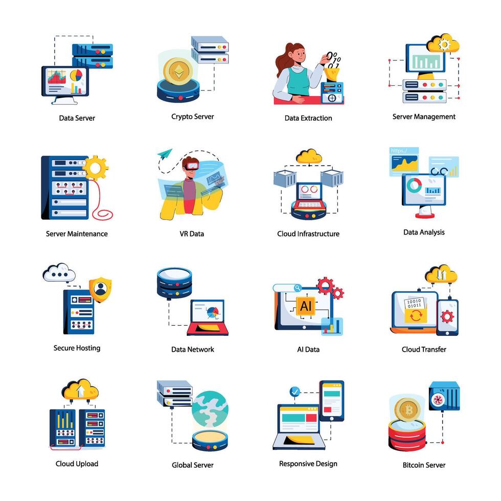 Collection of Data Server Flat Icons vector