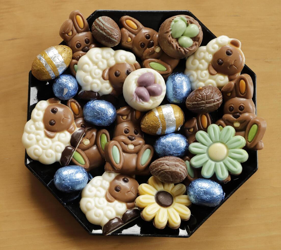 easter chocolate eggs colorful wrapped in foil photo