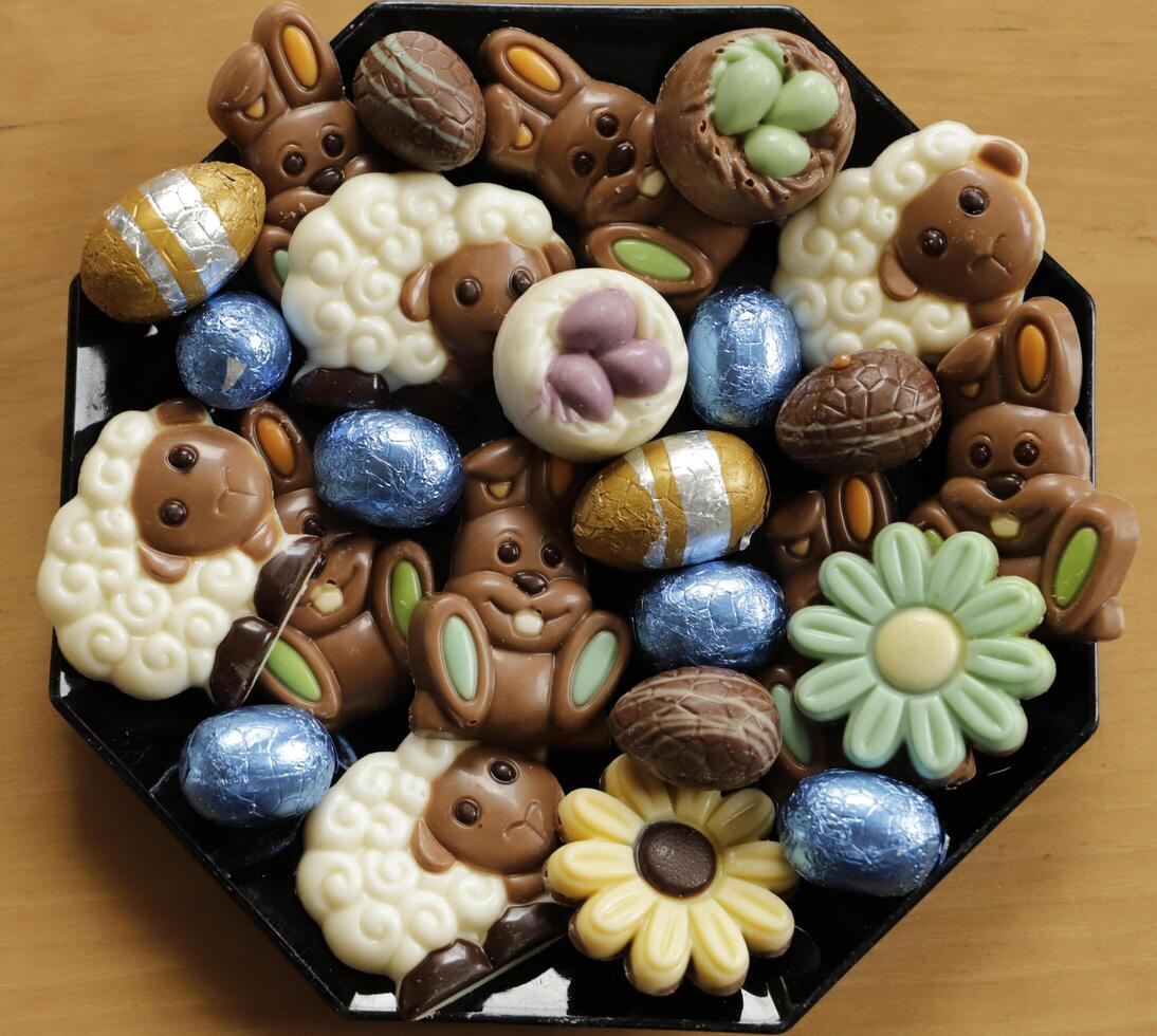 easter chocolate eggs colorful wrapped in foil photo