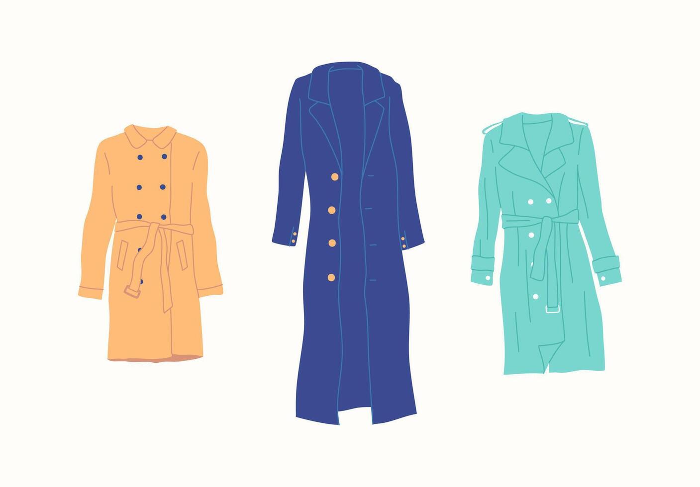 Cartoon Color Different Type Clothes Female Coats Set. vector