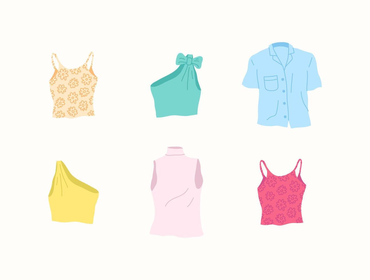 Cartoon Color Different Type Clothes Female Tops Set. vector