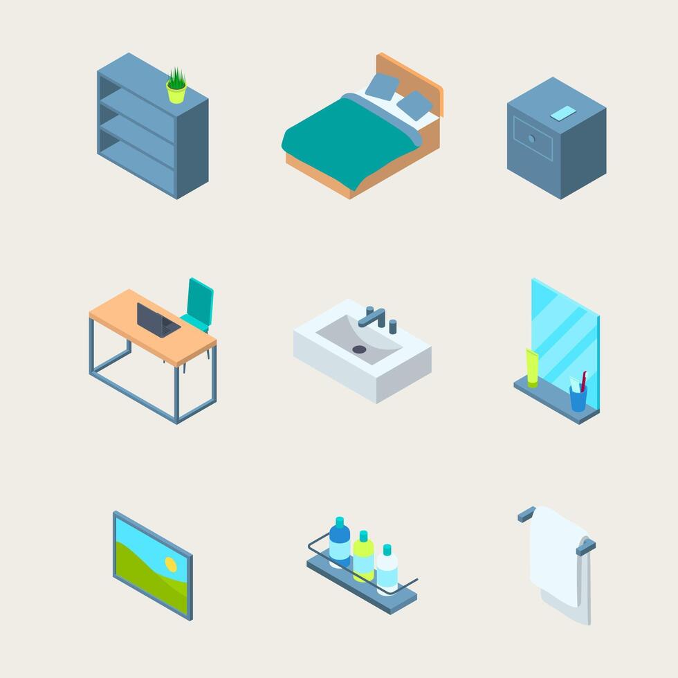Hotel Room Interior Element Set 3d Isometric View Style. vector