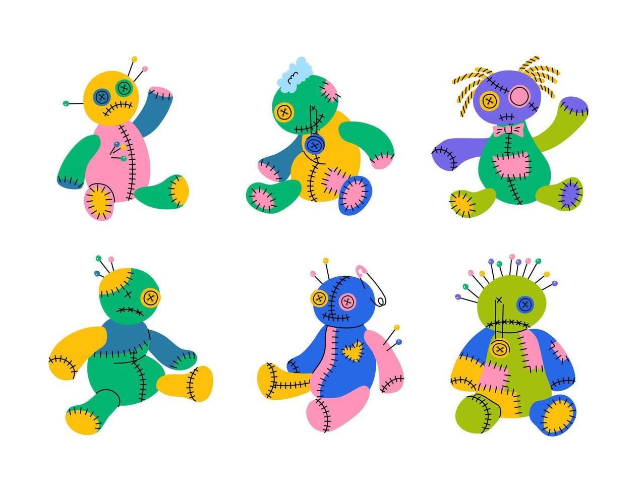 dibujos animados color diferente linda vudú muñeca colocar. vector