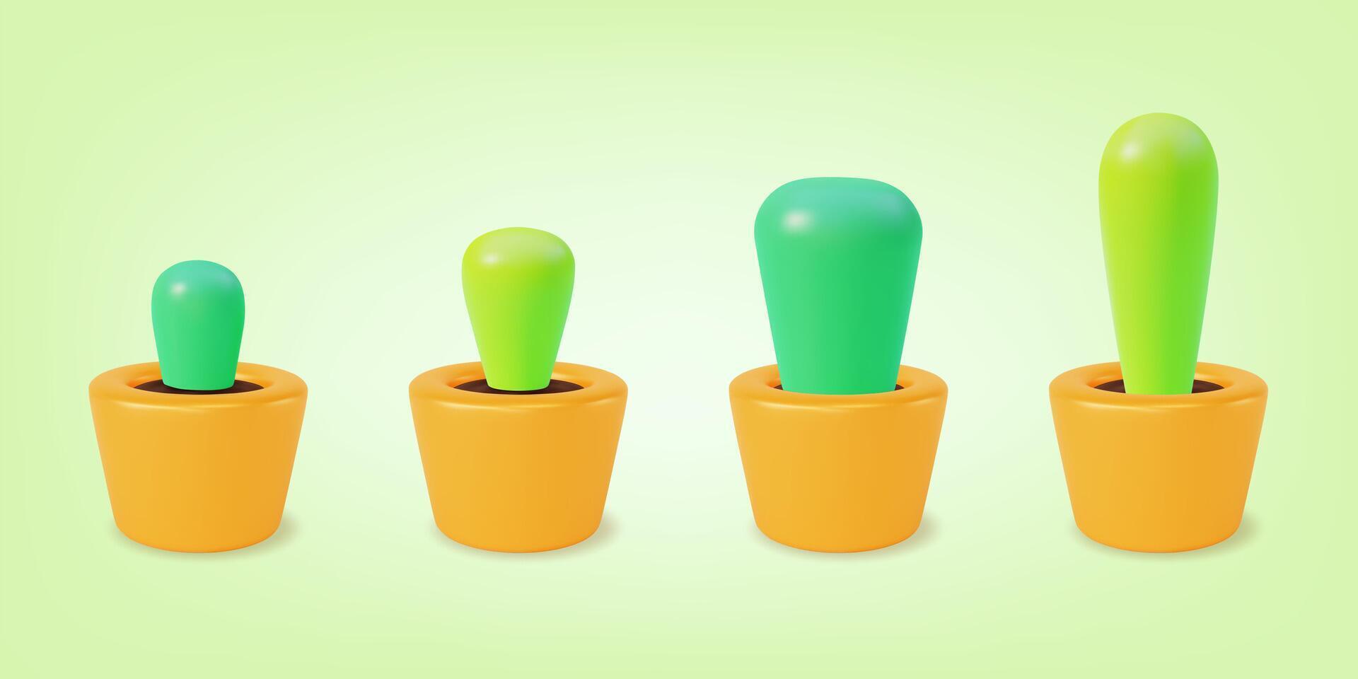 3d Different Types Cute Cactuses in Cachepot Set Cartoon vector