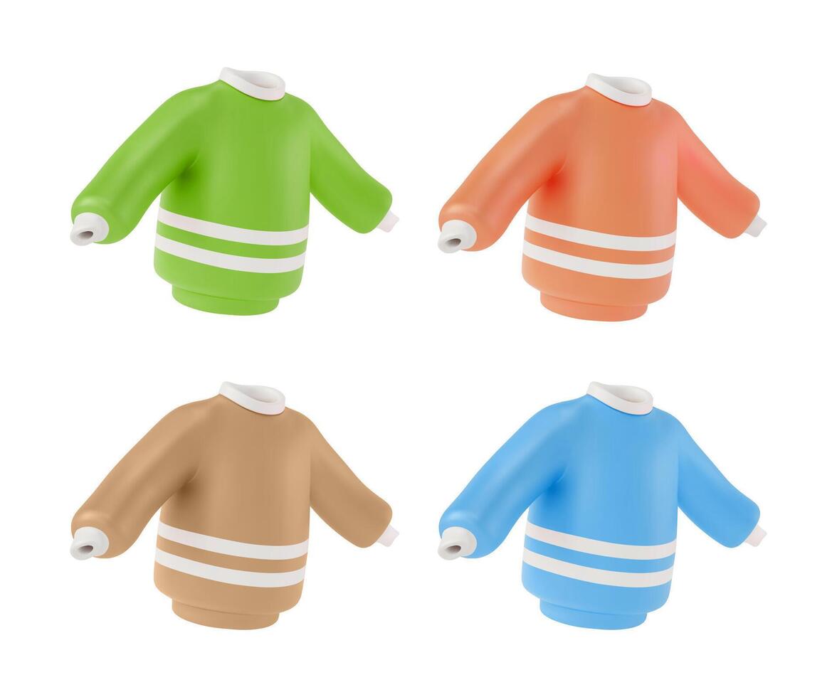 3d Different Color Knitted Woolen Warm Sweater Set Cartoon Design Style. vector