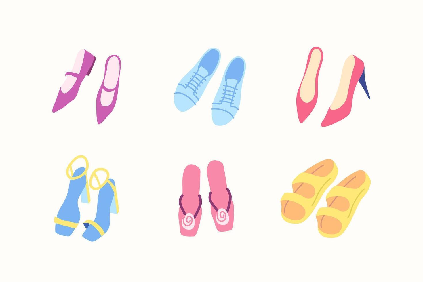 dibujos animados color diferente tipo ropa hembra Zapatos colocar. vector