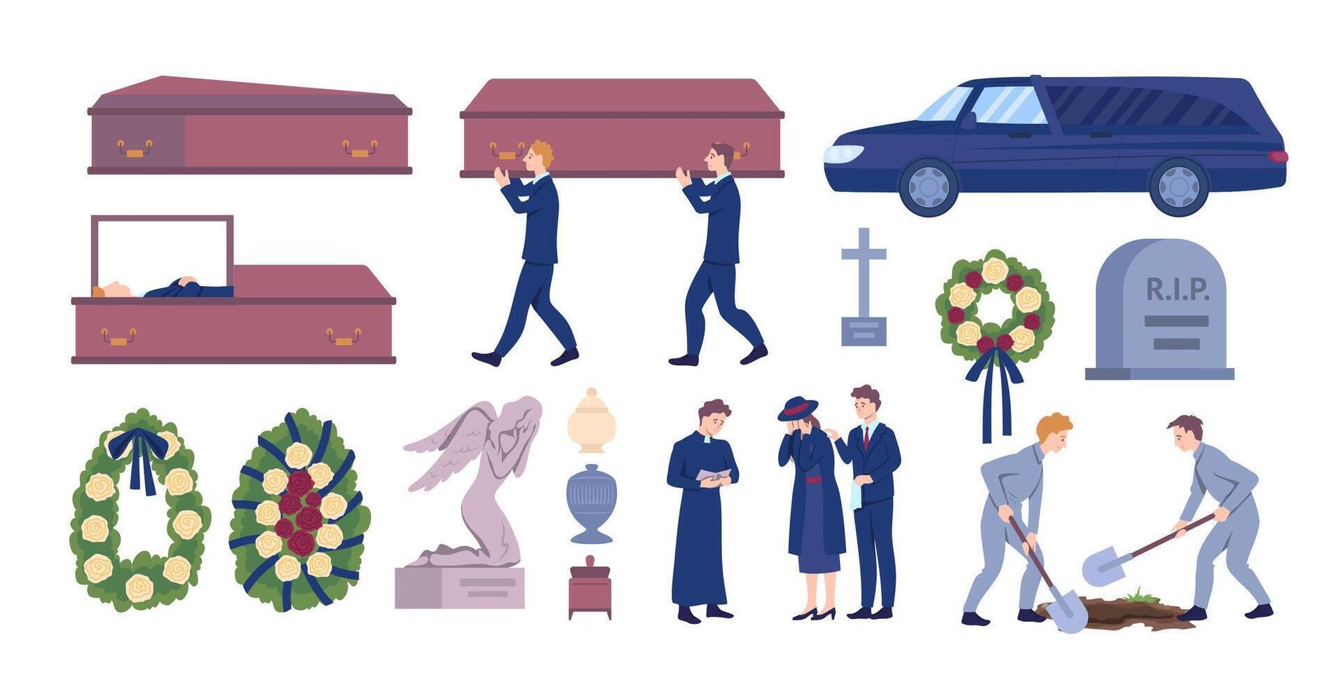 dibujos animados color funeral servicios y ceremonia entierro diferente elementos colocar. vector
