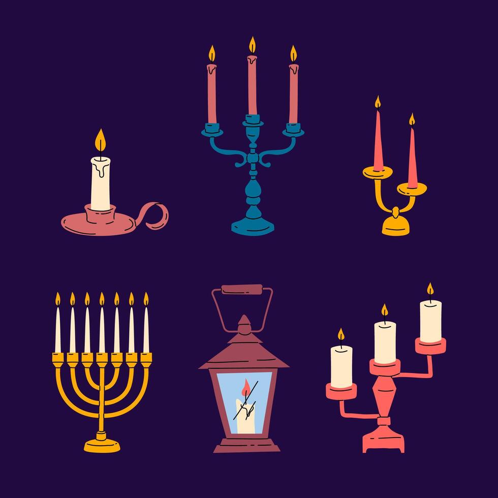 dibujos animados color diferente Clásico candelabros icono colocar. vector