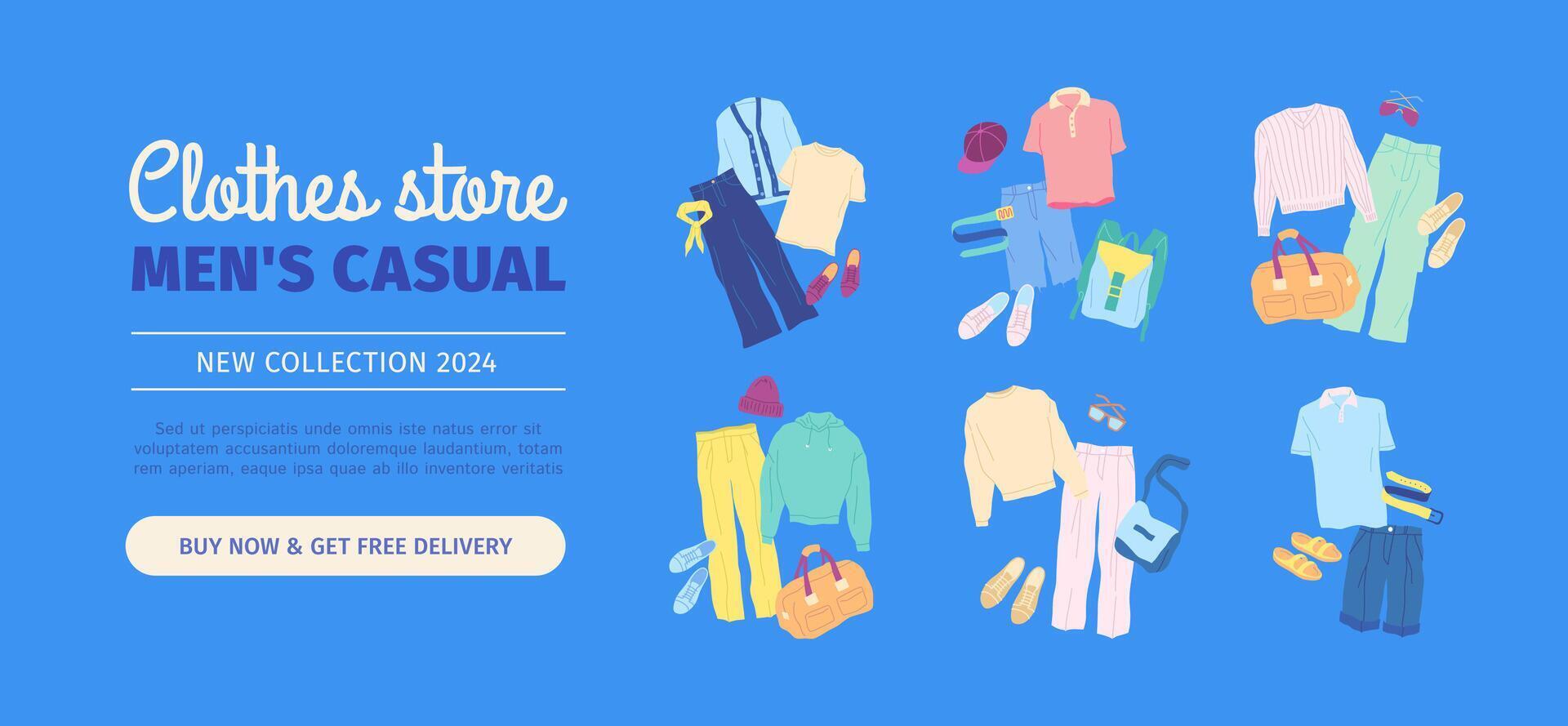 Cartoon Color Clothes Male Casual Collection Banner. vector