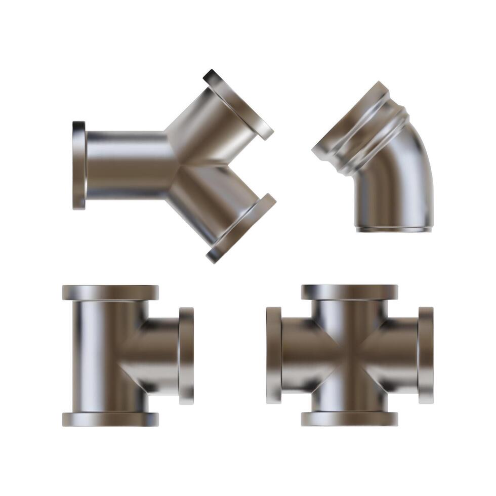 Realistic Detailed 3d Steel Metallic Pipe Fitting Set vector