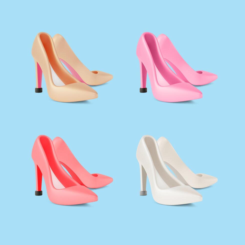 3d Bright Different Color Heels Cartoon Design Style. vector