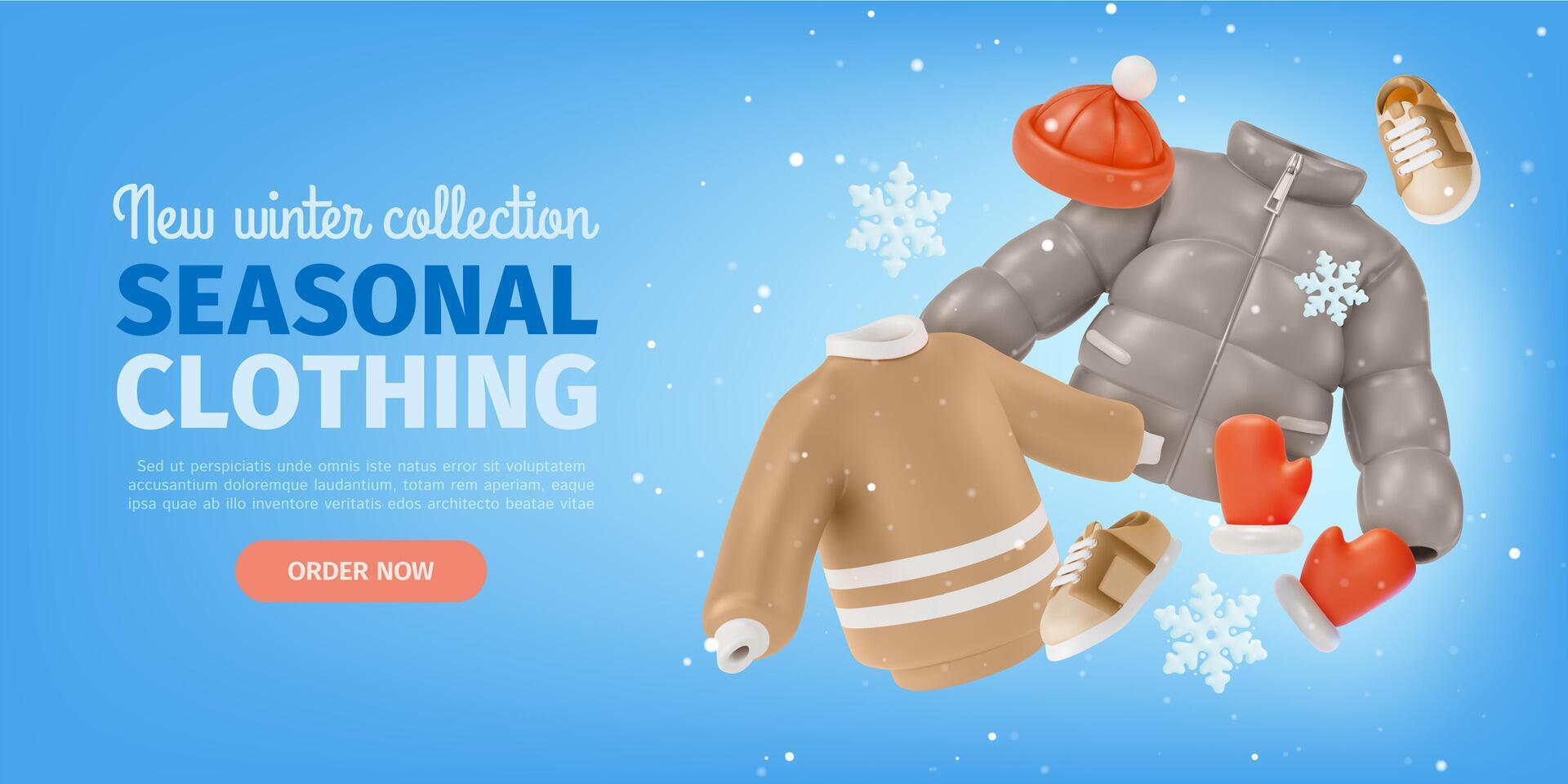 3d Winter Seasonal Clothing Collection Ads Banner Concept Poster Card. vector