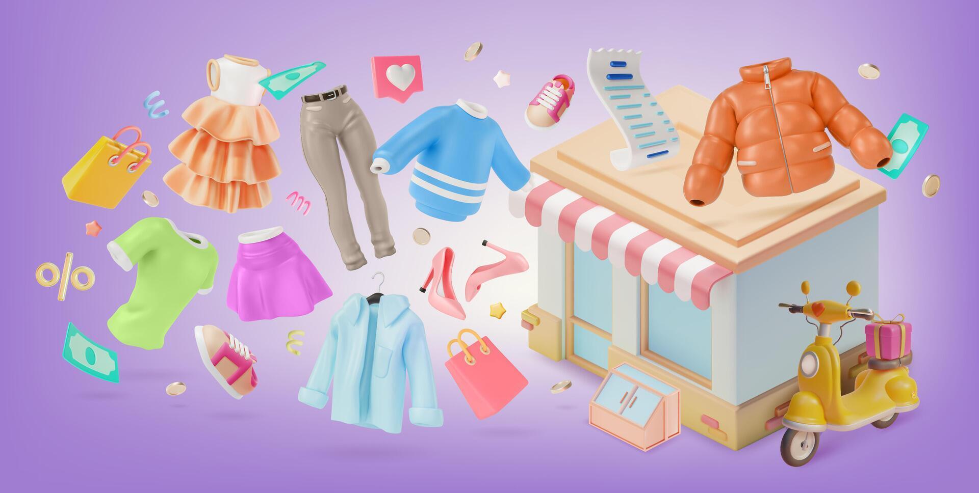 3d nuevo colección otoño ropa Tienda concepto antecedentes dibujos animados diseño estilo vector