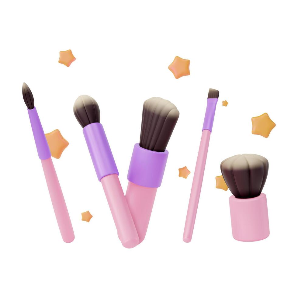 3d Different Professional Makeup Brushes Set Cartoon Design Style. vector