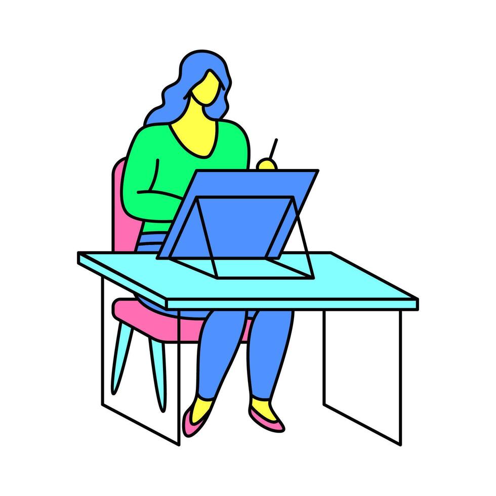 personaje niña utilizando computadora a sentado a escritorio concepto contorno lineal estilo. vector
