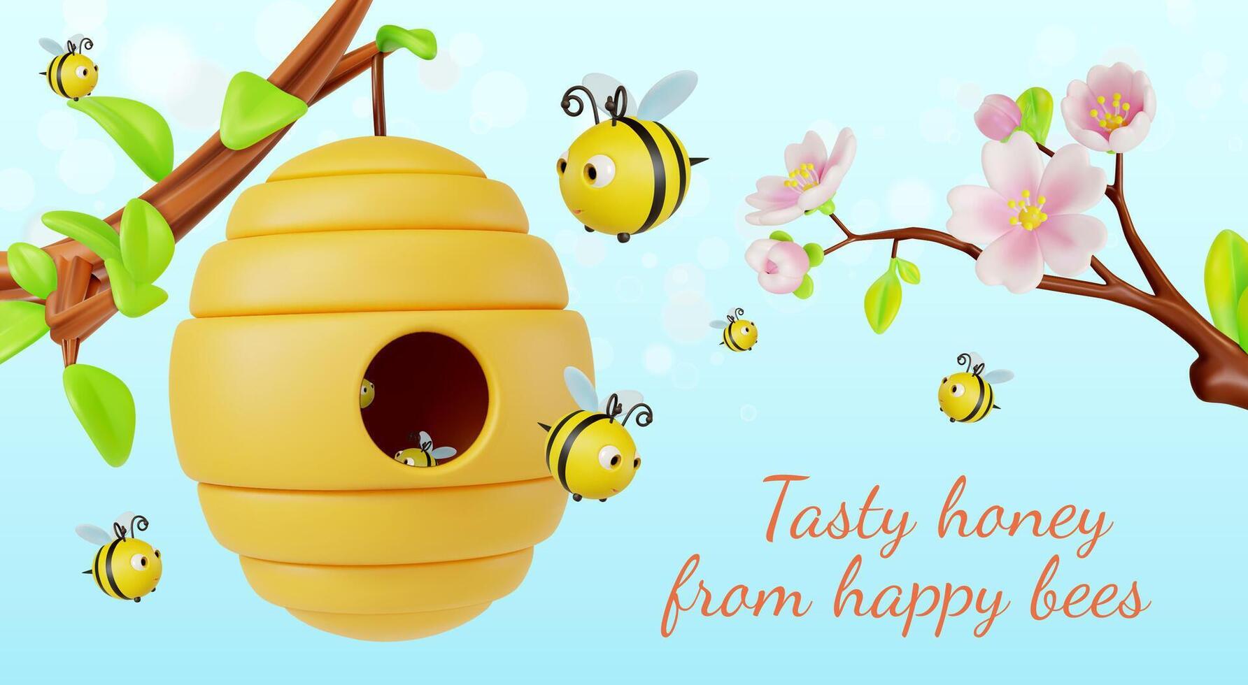 3d Tasty Honey from Happy Bees Concept Banner Poster Card Cartoon vector