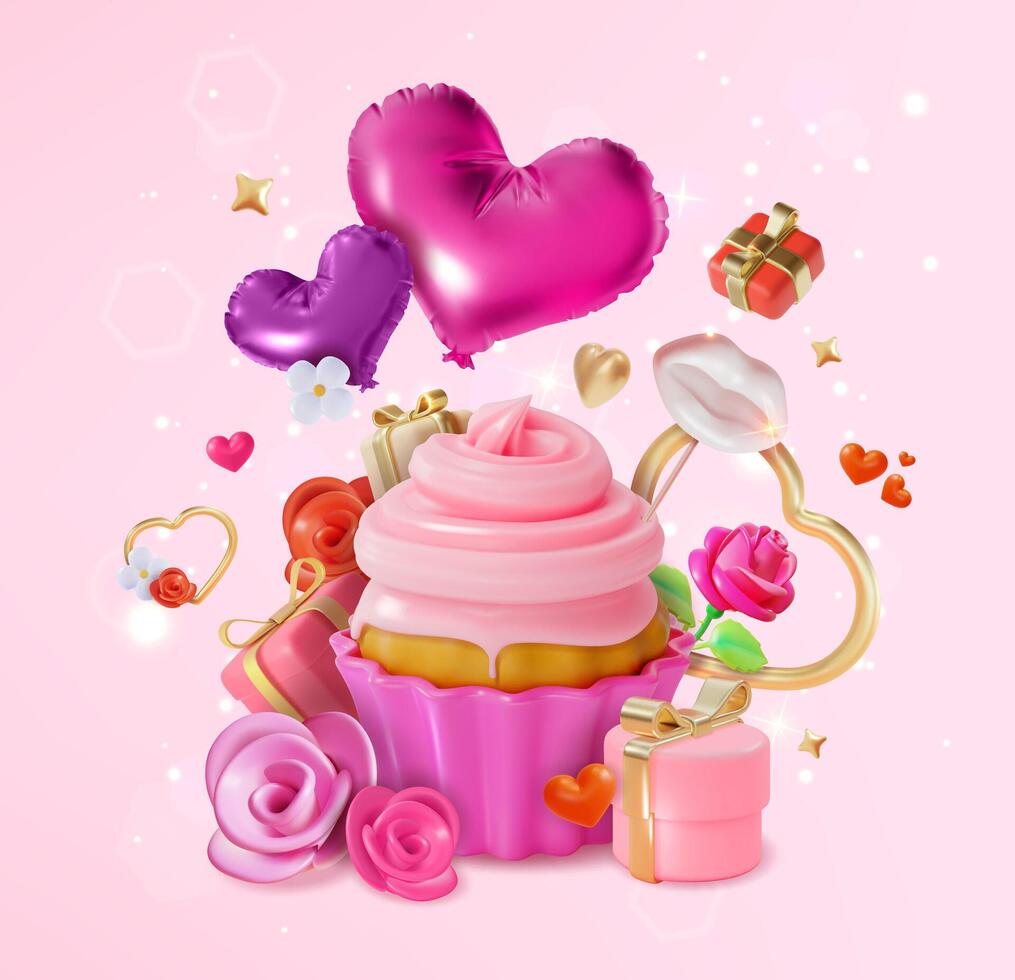 3d Happy Valentines Day Sweet Dessert, Decoration and Gift Boxes Concept Background Cartoon vector
