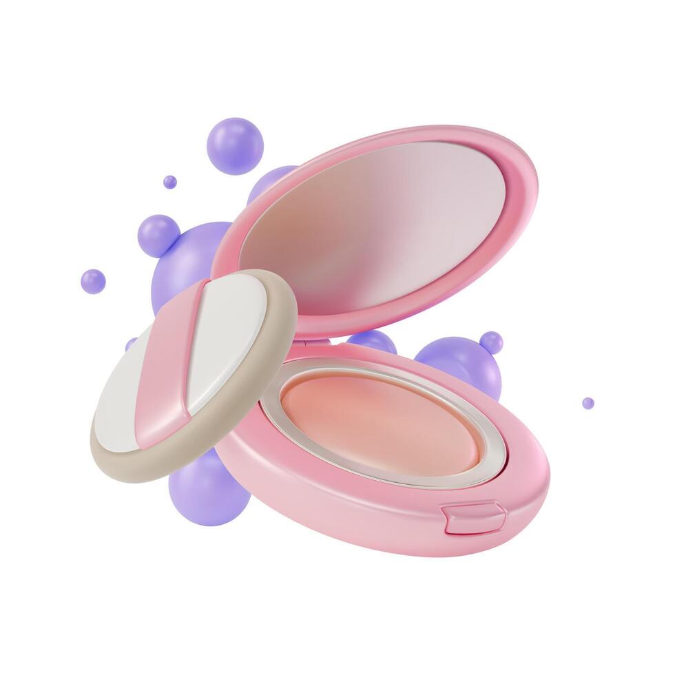 3d Face Powder in Pink Round Plastic Case with Mirror and Sponge Cartoon Design Style. vector