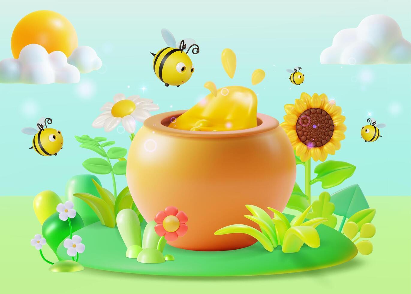 3d Organic Farm Products Flower Honey Concept Background Cartoon vector