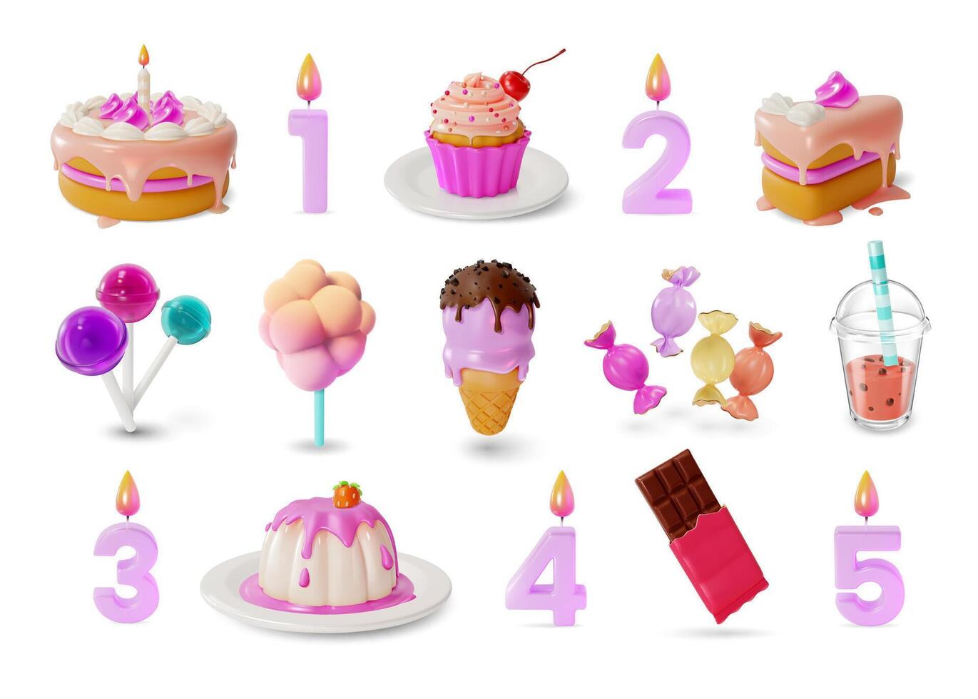 3d Candle Numbers and Sweet Desserts Set Cartoon . vector