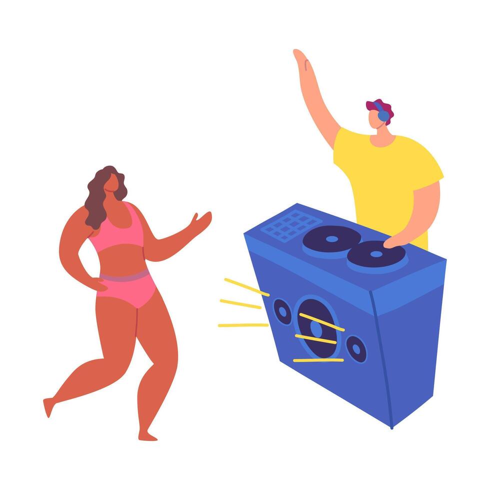 dibujos animados color personaje DJ chico y bailando niña fiesta o discoteca concepto. vector