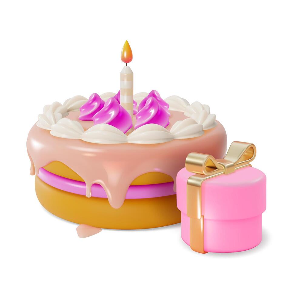 3d cumpleaños pastel con vela y regalo caja dibujos animados vector